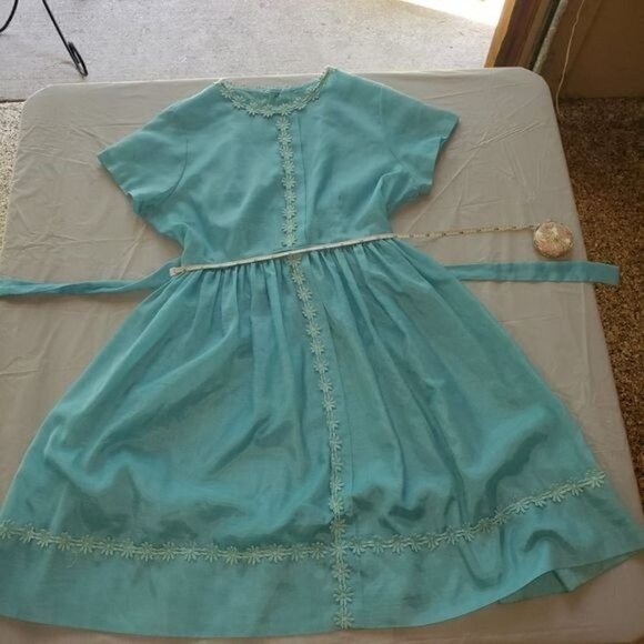 Vintage Handmade Bright Sea Blue with Floral Lace Trim Sz S Dress - Picture 3 of 6